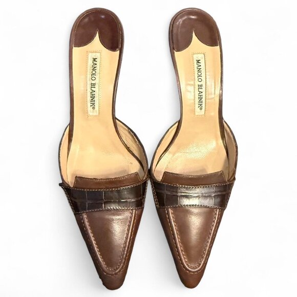 Manolo Blahnik Shoes - Manolo Blahnik Brown Leather Mules with Crocodile Embossed Leather Detail